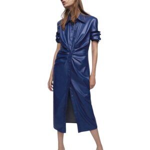 ZARA Blogger Favorite NWT Blue Vegan Leather Button Down Dress Sz XXL Bodycon